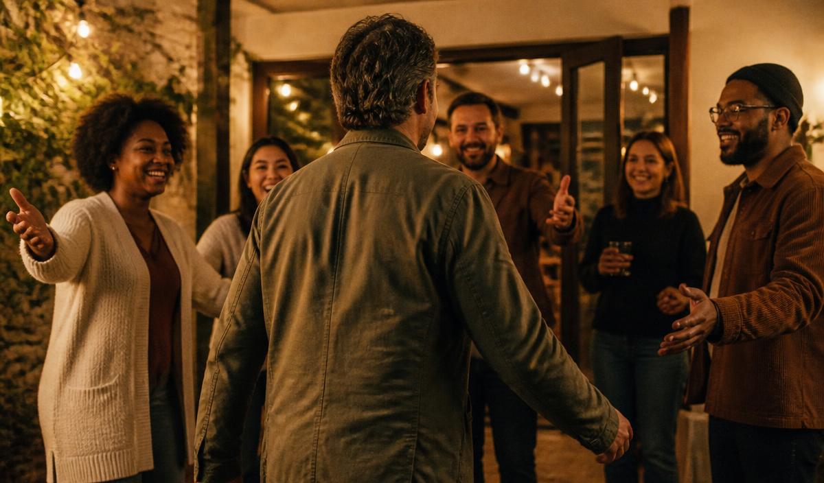 A man being welcomed back into a warm evening gathering of friends.